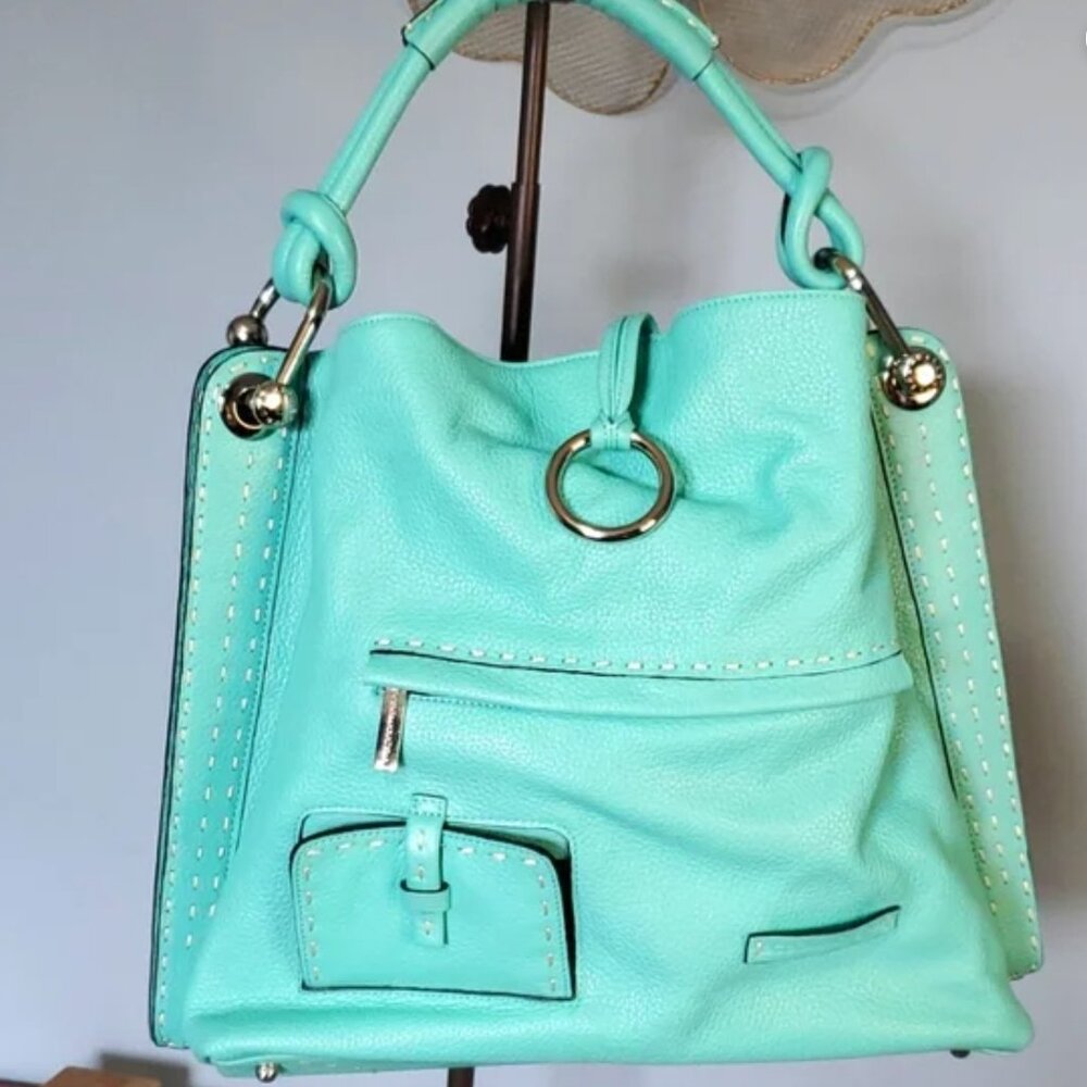 BCBG MAXAZRIA tote handbag turquoise whipstitch details NWOT